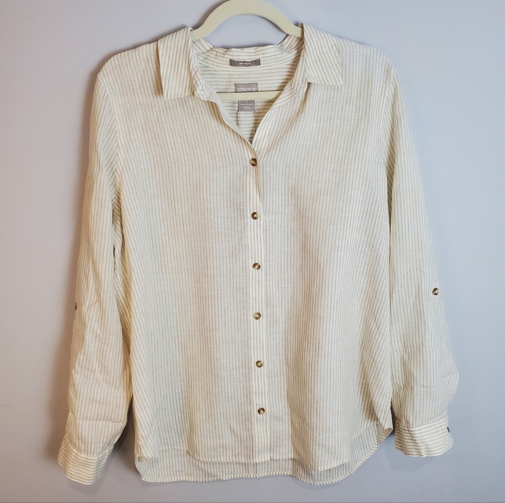 Chico's Cream Striped Button-Up Blouse No iron linen Size 2 NWT